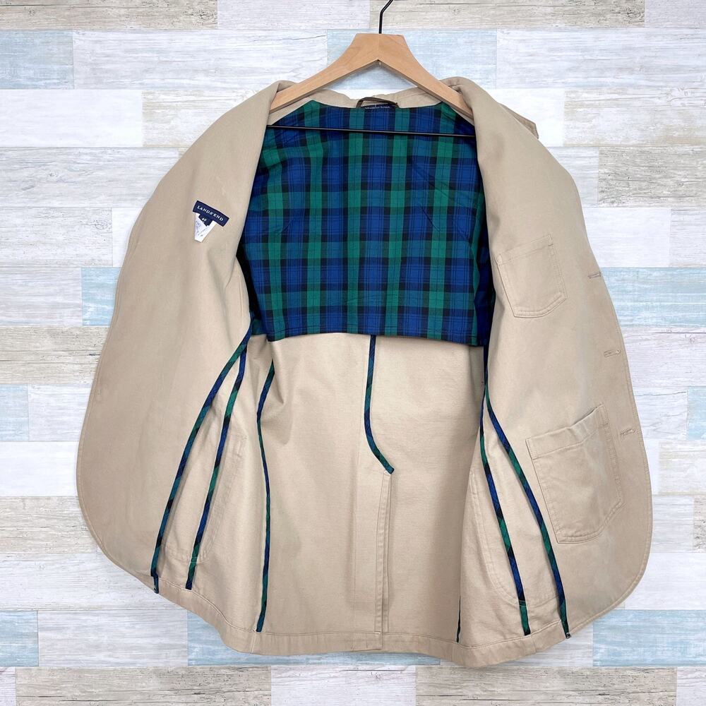 Lands End Twill Sport Coat Beige Elbow Patches Surgeon Cuffs Cotton Mens 40R - Picture 6 of 9